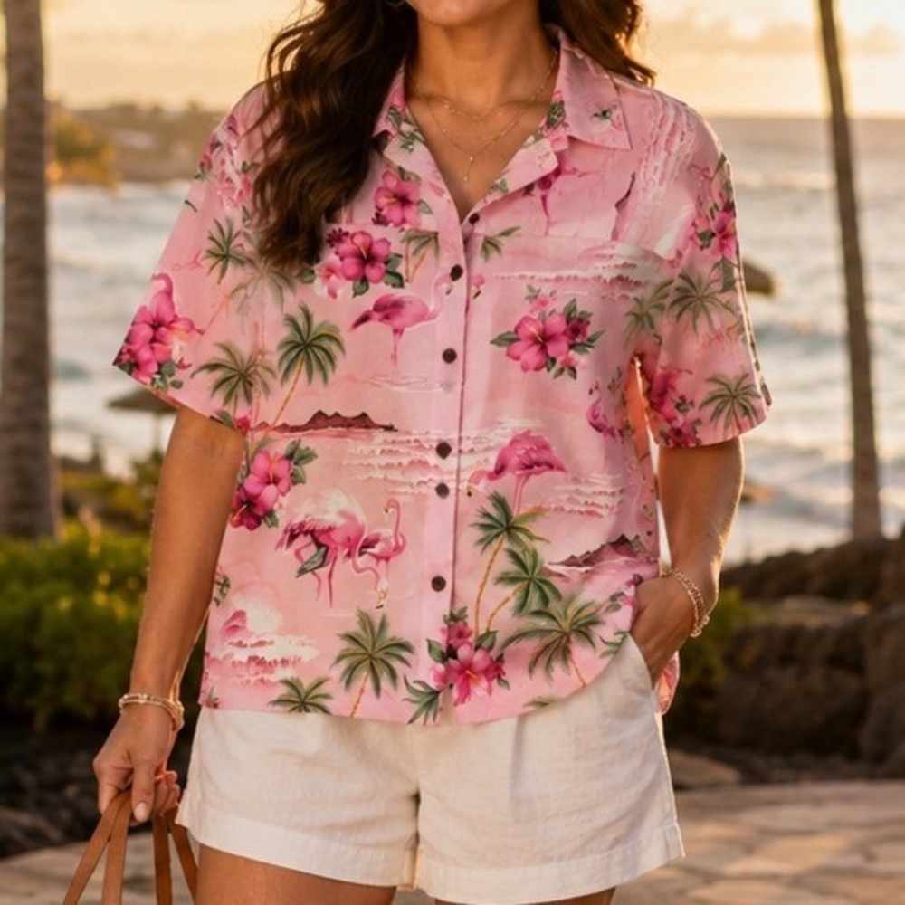 Hawaiian Tropical Aloha Flamingo Button Up Shirt Pink Womens M Puanani - Picture 7 of 7